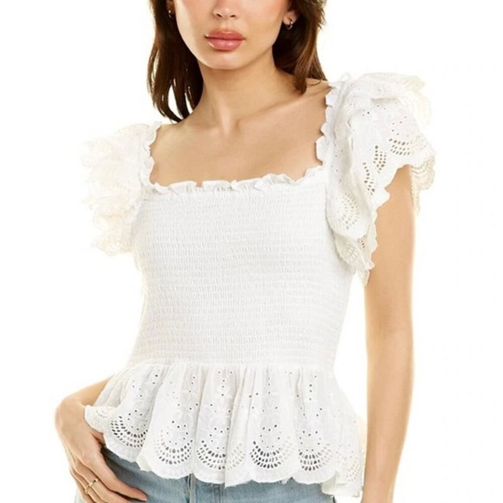 Women’s White Smocked Eyelet Peplum Top with Ruffled Sleeves